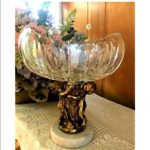 Vtg Crystal Brass Marble Cherub Pedestal Compote
